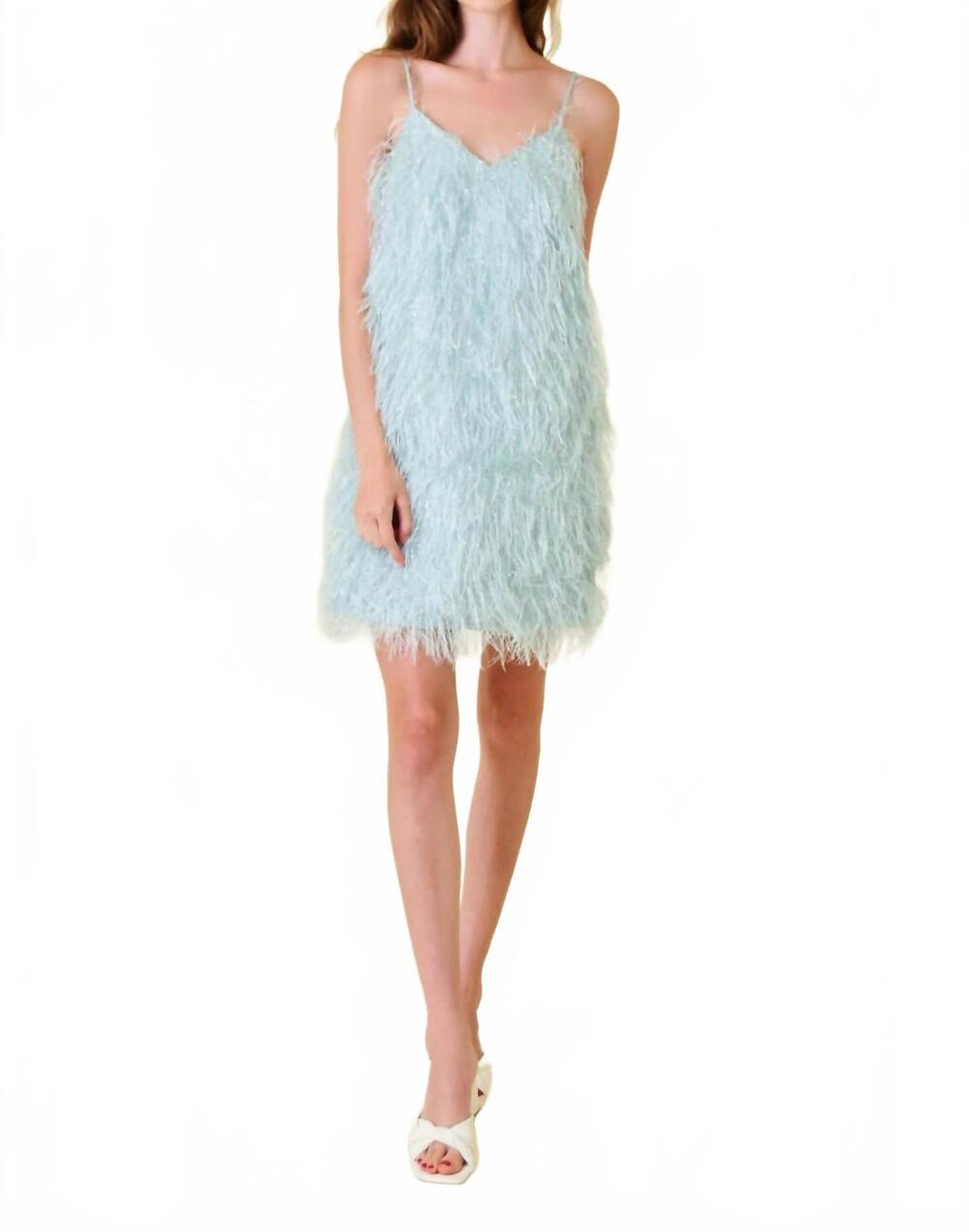 NEW FORE COLLECTION women's celeste feather mini dress in blue
